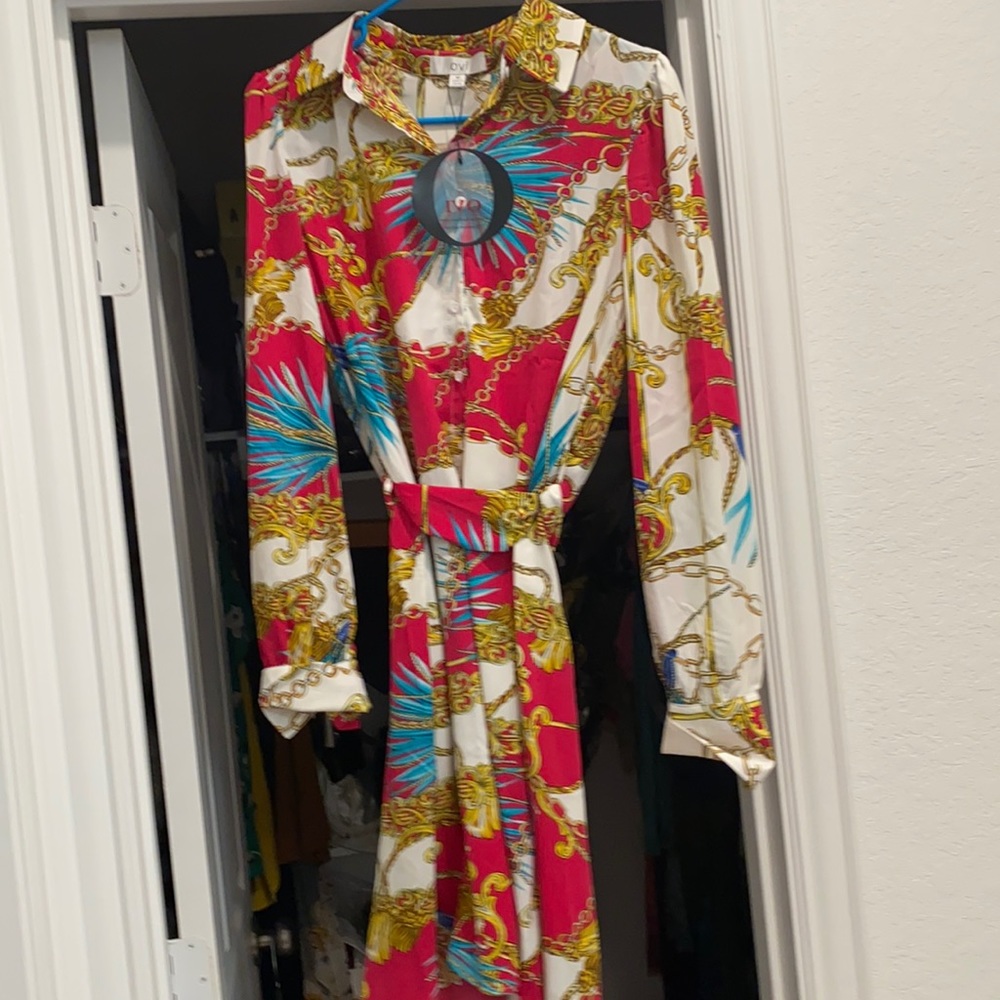 New Ovi  medium long sleeve knee length white pink turquoise and yellow dress.